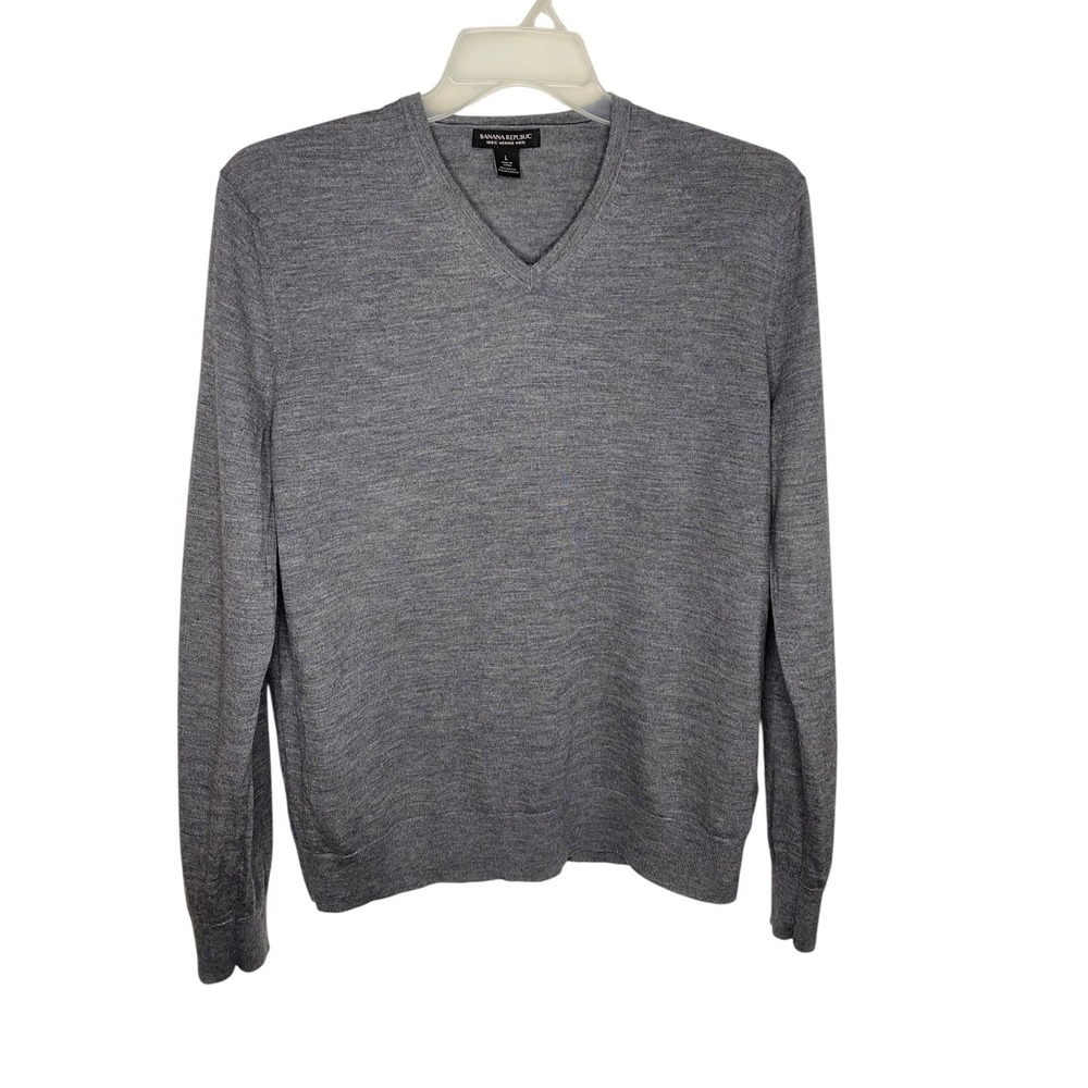 Banana Republic Mens Grey 100% Merino Wool V-Neck Sweater Large Fine Knit